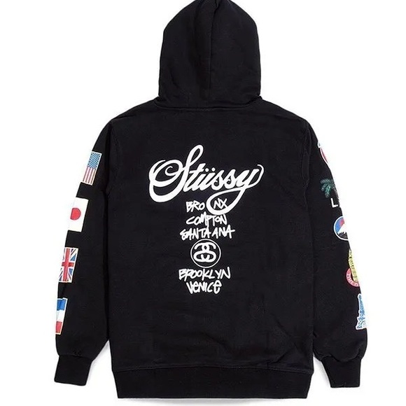 Stussy Black Graphic Hoodie with Multicolor Patches - Picture 1 of 7